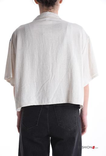 Camicia in Lino maniche corte con colletto Fantasia ricamata con bottoni con tasche - ph 2