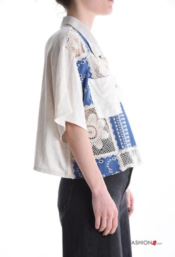 Camicia in Lino maniche corte con colletto Fantasia ricamata con bottoni con tasche - ph 3