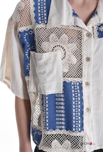 Camicia in Lino maniche corte con colletto Fantasia ricamata con bottoni con tasche - ph 4