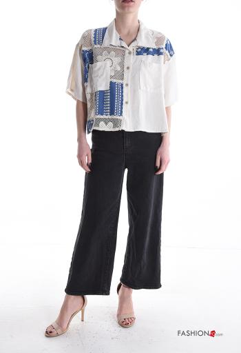 Camicia in Lino maniche corte con colletto Fantasia ricamata con bottoni con tasche - ph 5
