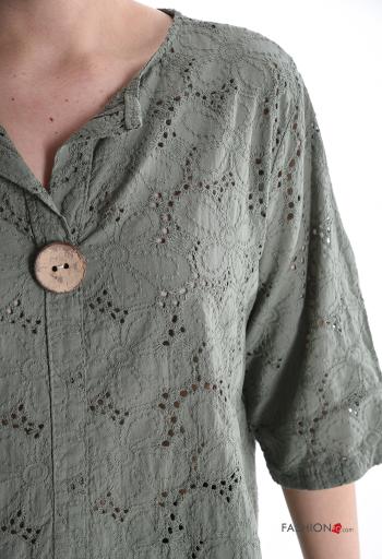 Blusa in Cotone Fantasia ricamata in pizzo sangallo con bottoni maniche a tre quarti - ph 4