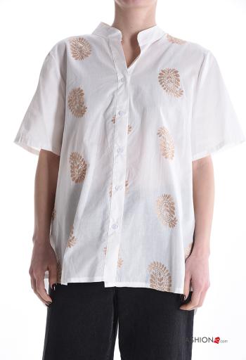Camisa de Algodón manga corta Patrón bordado con botones - ph 1