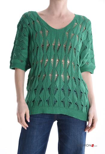 Embroidered short sleeve knitted Cotton Sweater with v-neck