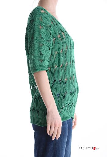 Embroidered short sleeve knitted Cotton Sweater with v-neck - ph 3