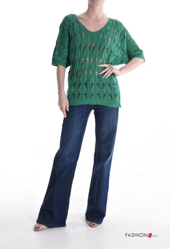 Embroidered short sleeve knitted Cotton Sweater with v-neck - ph 5
