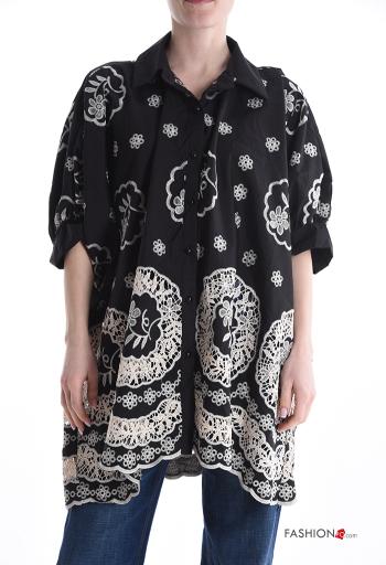 Camicia in Cotone oversize con colletto Fantasia ricamata con bottoni maniche a tre quarti