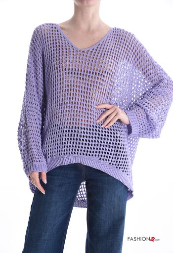 Oversize netz lange ärmel Strickpullover aus Baumwolle mit V-Ausschnitt