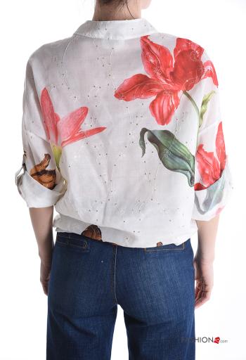 Blusa in Cotone Fantasia floreale con paillettes con bottoni - ph 2