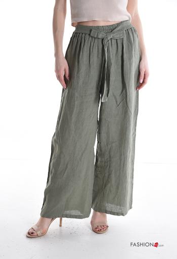 Pantalone in Lino wide leg con elastico con fiocco con cintura in stoffa