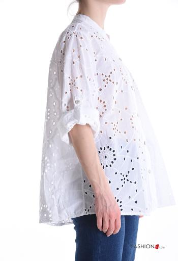 Embroidered short sleeve Cotton Shirt with buttons broderie anglaise - ph 3