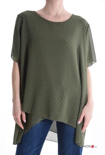 Blusa manga corta asimetrico gasa cuello redondo con brillantes - ph 1