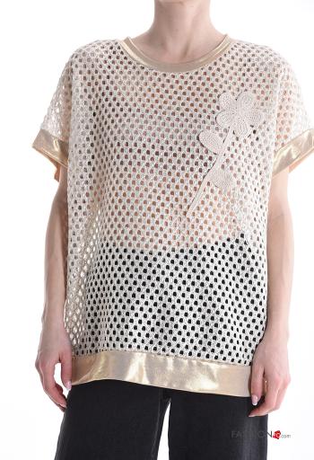 T-shirt in Cotone maniche corte girocollo a rete metallizzato Fantasia ricamata - ph 1
