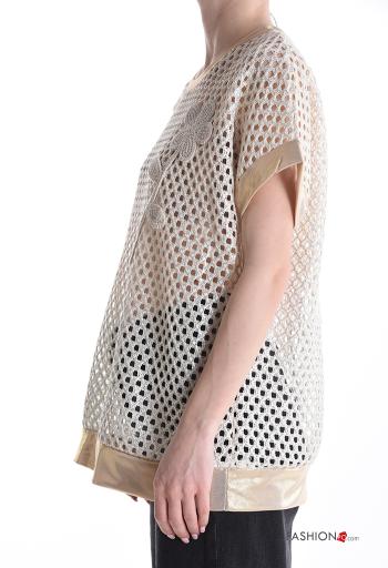 T-shirt in Cotone maniche corte girocollo a rete metallizzato Fantasia ricamata - ph 3