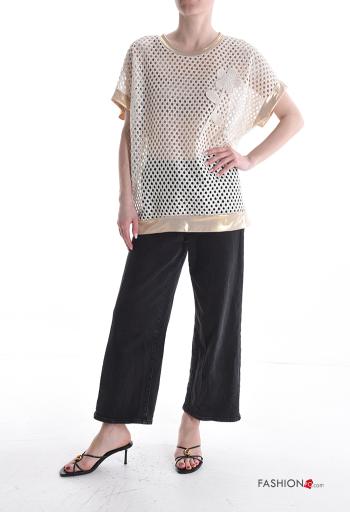 T-shirt in Cotone maniche corte girocollo a rete metallizzato Fantasia ricamata - ph 5