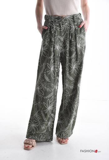 Pantalon wide leg à broderie à boutons avec fermeture éclair avec poches