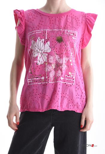 T-shirt in Cotone maniche volant maniche corte girocollo Fantasia ricamata
