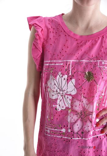 T-shirt in Cotone maniche volant maniche corte girocollo Fantasia ricamata - ph 4