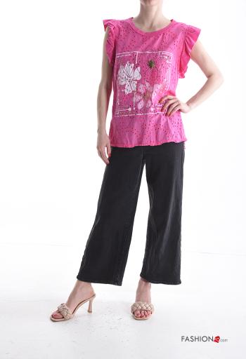 T-shirt in Cotone maniche volant maniche corte girocollo Fantasia ricamata - ph 5