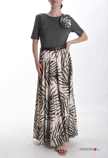 Vestido largo manga corta cuello redondo Estampado de hojas con cinturón