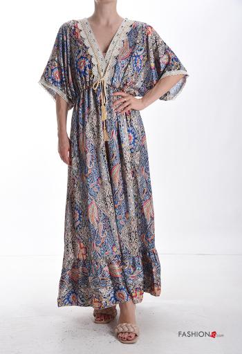 Robe manches courtes détail dentelle longue Imprimé mixte à volants à col en V