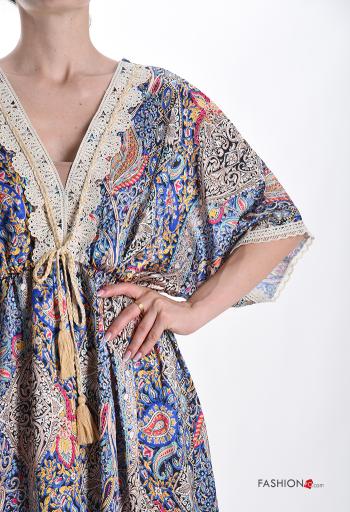 Robe manches courtes détail dentelle longue Imprimé mixte à volants à col en V - ph 4