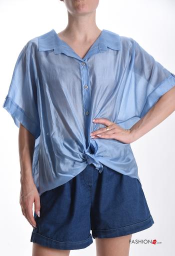 short sleeve with collar fishnet Shirt with buttons with rhinestones