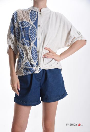 Camisa de Lino Patrón bordado con botones manga tres cuartos