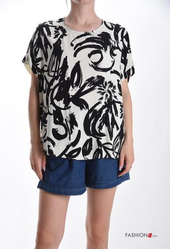 Blouse manches courtes col rond Imprimé abstrait à boutons