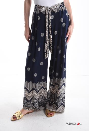 Calças wide leg Padrão Estampado com bolsos com laço com elástico - ph 1