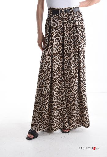 Animal print wide leg long Trousers with belt with elastic with pockets