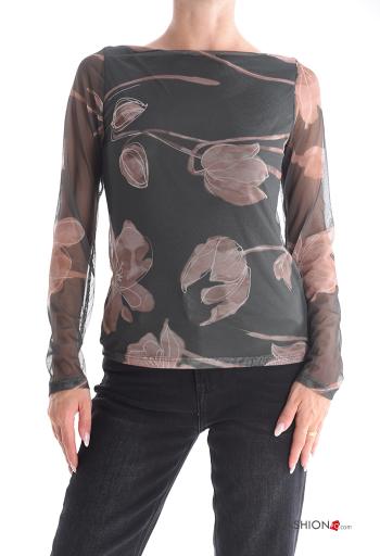 Blumenmuster Tüll- Langarmshirt schulterfrei
