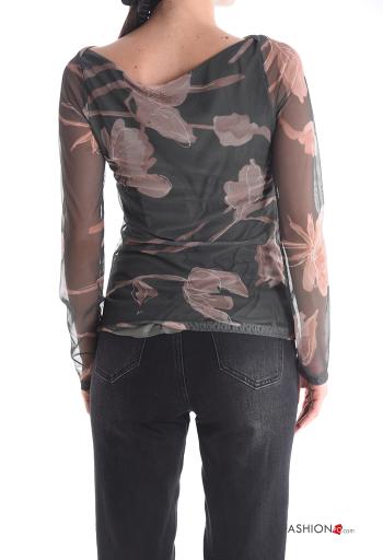 Blumenmuster Tüll- Langarmshirt schulterfrei - ph 2