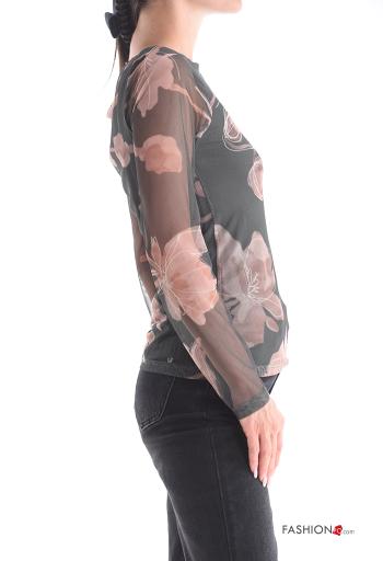 Blumenmuster Tüll- Langarmshirt schulterfrei - ph 3