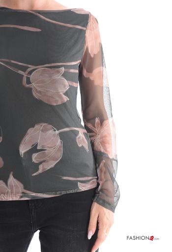 Blumenmuster Tüll- Langarmshirt schulterfrei - ph 4