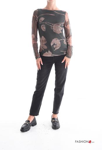 Blumenmuster Tüll- Langarmshirt schulterfrei - ph 5