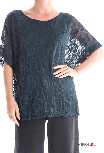 Blusa girocollo pizzo maniche corte Fantasia ricamata con fodera - ph 1