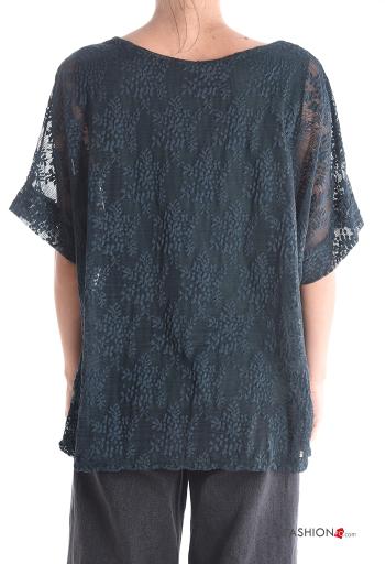 Blusa girocollo pizzo maniche corte Fantasia ricamata con fodera - ph 2