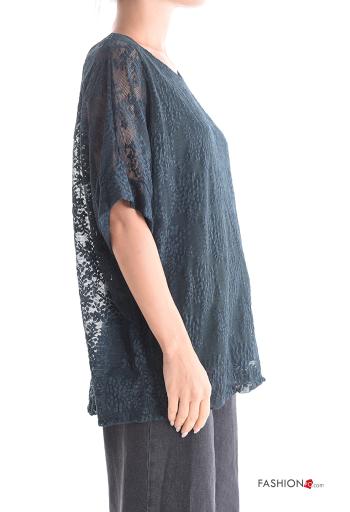 Blusa girocollo pizzo maniche corte Fantasia ricamata con fodera - ph 3