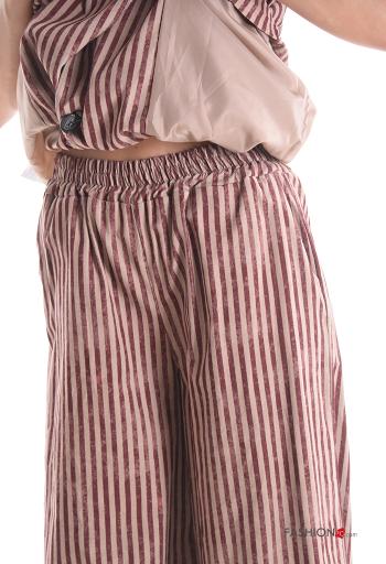 Conjunto sem mangas às riscas com elástico com forro com cinto com bolsos com botões - ph 4