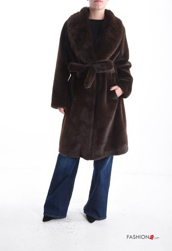 Cappotto pelliccia sintetica con bottoni con cintura con tasche