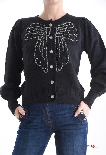 long sleeve crew neck Cardigan with buttons with rhinestones - ph 1