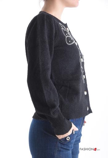 long sleeve crew neck Cardigan with buttons with rhinestones - ph 3