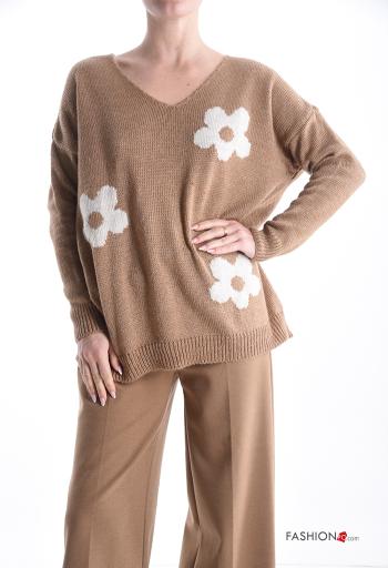 Camisola manga comprida Floral gola V