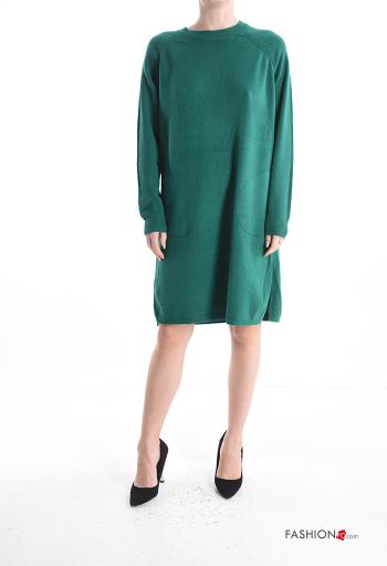 Vestido por la rodilla manga larga cuello redondo con bolsillos con abertura