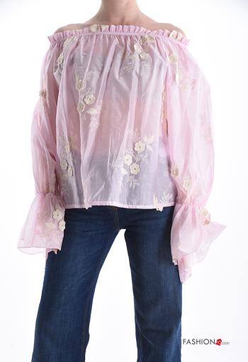 Blusa manga comprida Padrão bordado com elástico decote ombro a ombro - ph 1