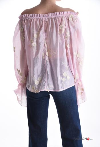 Blusa manga comprida Padrão bordado com elástico decote ombro a ombro - ph 2