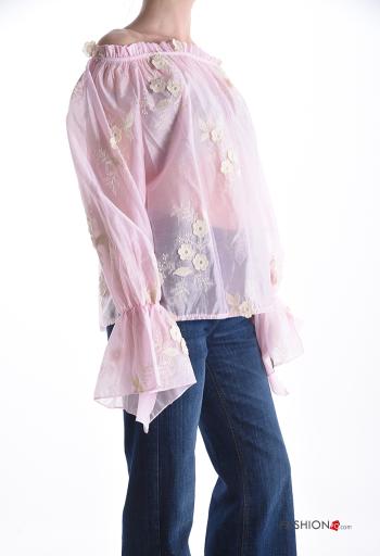 Blusa manga comprida Padrão bordado com elástico decote ombro a ombro - ph 3