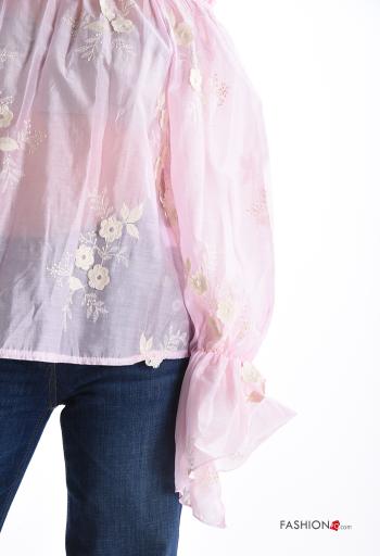 Blusa manga comprida Padrão bordado com elástico decote ombro a ombro - ph 4