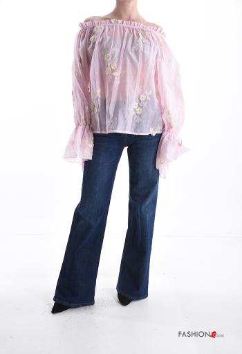 Blusa manga comprida Padrão bordado com elástico decote ombro a ombro - ph 5