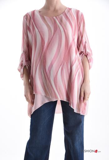 Túnica assimétrico chiffon gola redonda Padrão optical com forro